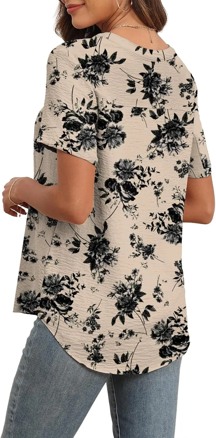 Askyes Women's 2025 Summer Chiffon Blouses Short Sleeve V Neck Tshirts Casual Loose Flowy Dressy Tops for Leggings Blouse