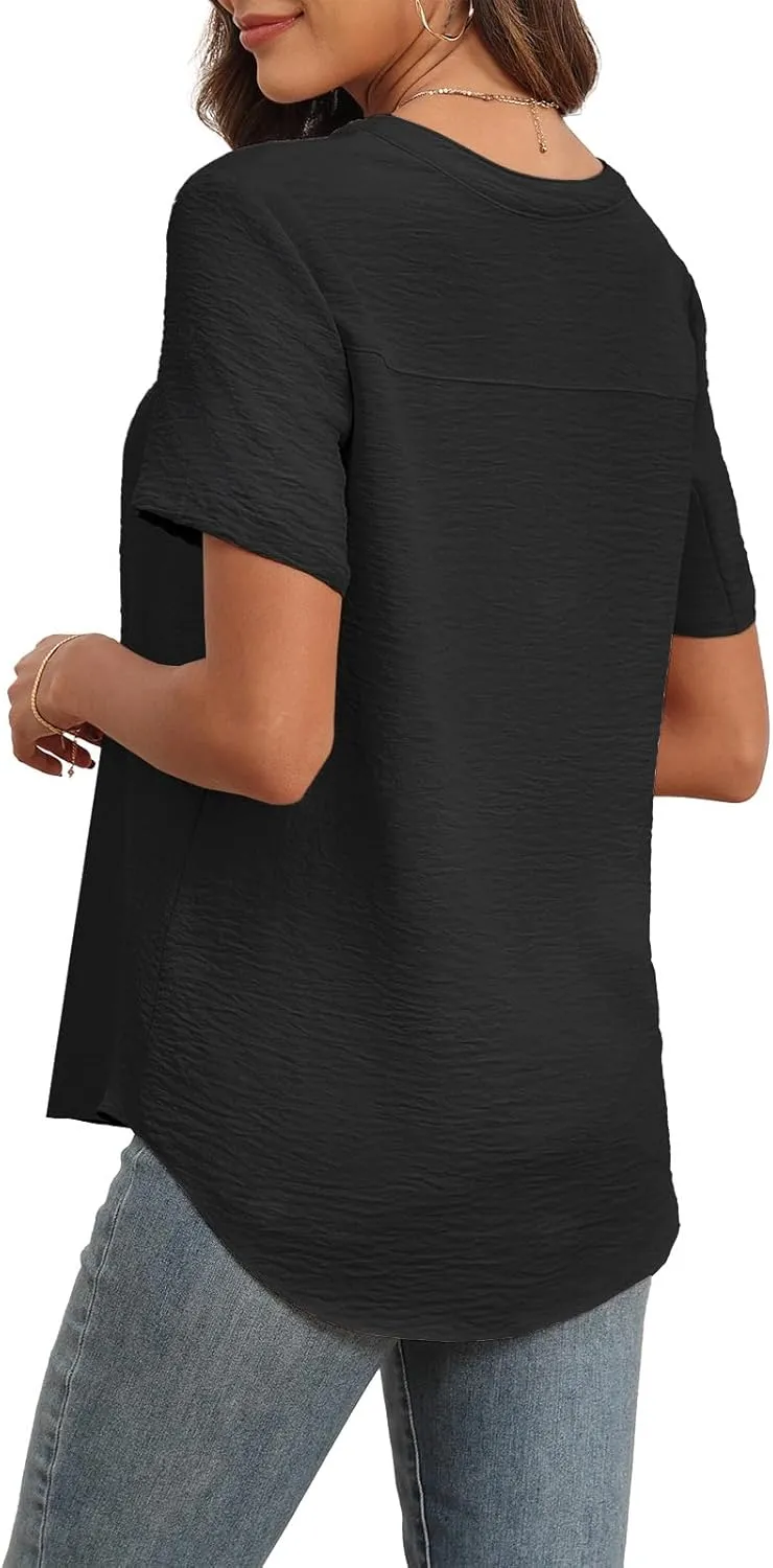 Askyes Women's 2025 Summer Chiffon Blouses Short Sleeve V Neck Tshirts Casual Loose Flowy Dressy Tops for Leggings Blouse