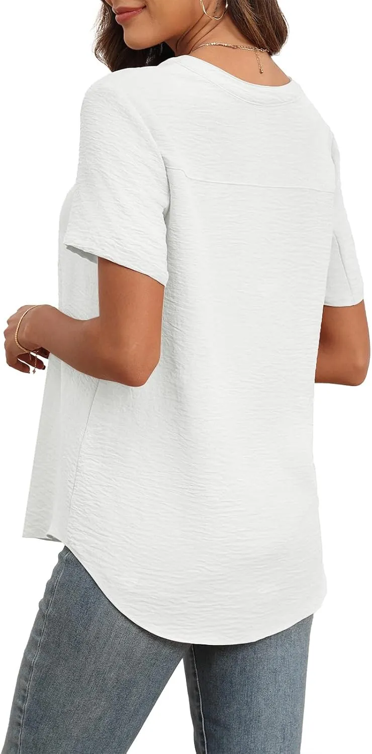 Askyes Women's 2025 Summer Chiffon Blouses Short Sleeve V Neck Tshirts Casual Loose Flowy Dressy Tops for Leggings Blouse