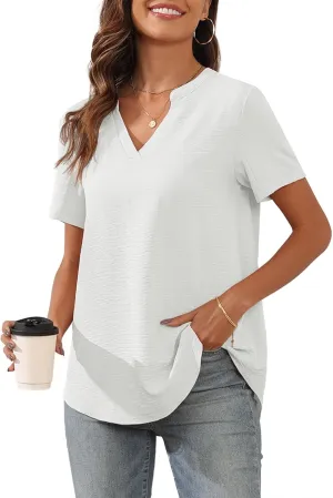 Askyes Women's 2025 Summer Chiffon Blouses Short Sleeve V Neck Tshirts Casual Loose Flowy Dressy Tops for Leggings Blouse
