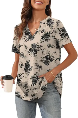 Askyes Women's 2025 Summer Chiffon Blouses Short Sleeve V Neck Tshirts Casual Loose Flowy Dressy Tops for Leggings Blouse