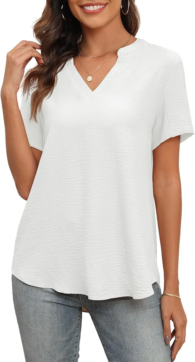 Askyes Women's 2025 Summer Chiffon Blouses Short Sleeve V Neck Tshirts Casual Loose Flowy Dressy Tops for Leggings Blouse