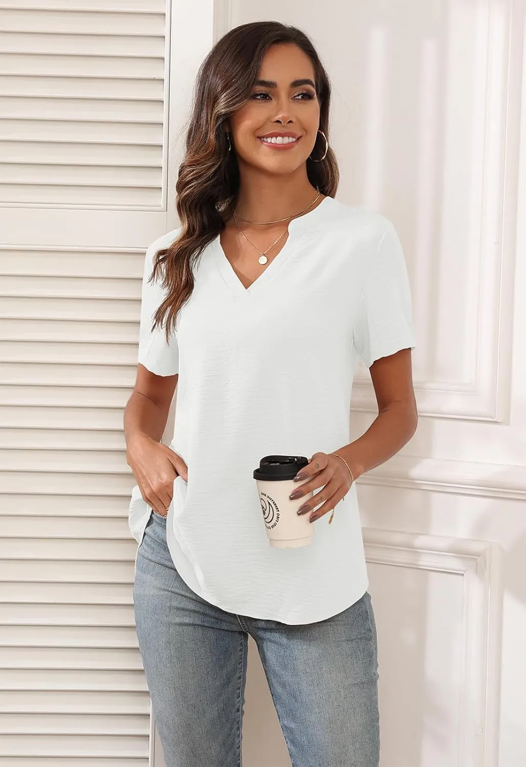 Askyes Women's 2025 Summer Chiffon Blouses Short Sleeve V Neck Tshirts Casual Loose Flowy Dressy Tops for Leggings Blouse