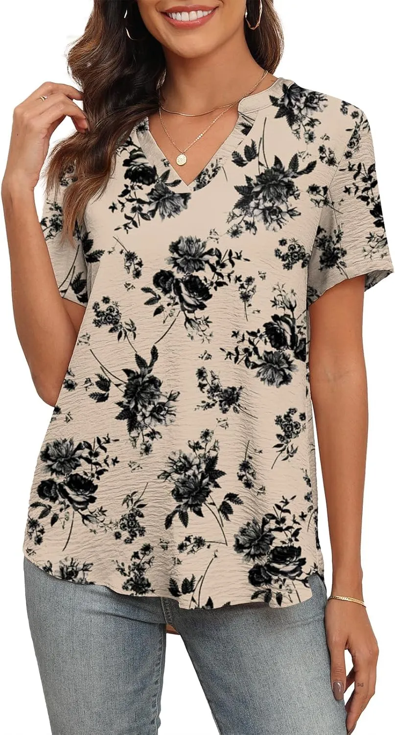 Askyes Women's 2025 Summer Chiffon Blouses Short Sleeve V Neck Tshirts Casual Loose Flowy Dressy Tops for Leggings Blouse