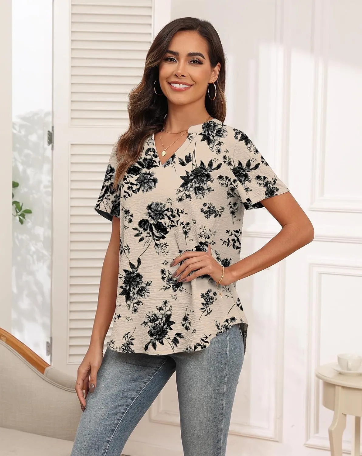 Askyes Women's 2025 Summer Chiffon Blouses Short Sleeve V Neck Tshirts Casual Loose Flowy Dressy Tops for Leggings Blouse