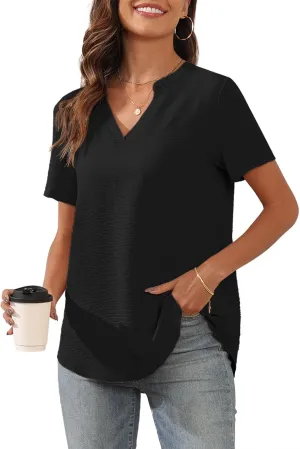Askyes Women's 2025 Summer Chiffon Blouses Short Sleeve V Neck Tshirts Casual Loose Flowy Dressy Tops for Leggings Blouse