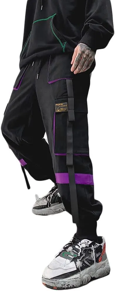Astellarie Mens Techwear Elastic Waist Jogger Cargo Pants Streetwear Hip Hop Harem Pants with Multi Pockets