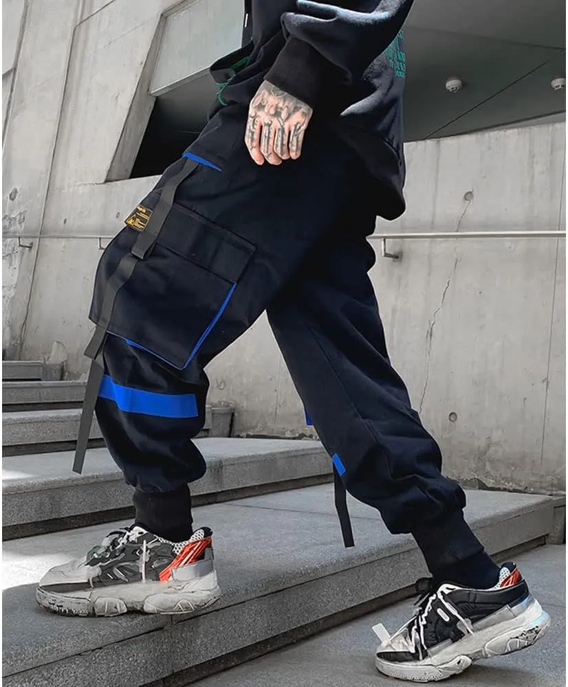 Astellarie Mens Techwear Elastic Waist Jogger Cargo Pants Streetwear Hip Hop Harem Pants with Multi Pockets
