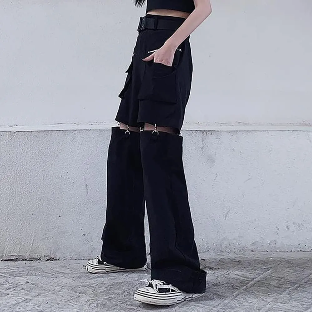 AULKEEP Womens Loose Wide Leg Hip Hop Trousers Dual Purpose Detachable Pants Solid Color Straight Leg Shorts