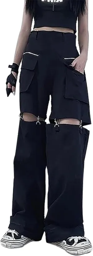 AULKEEP Womens Loose Wide Leg Hip Hop Trousers Dual Purpose Detachable Pants Solid Color Straight Leg Shorts