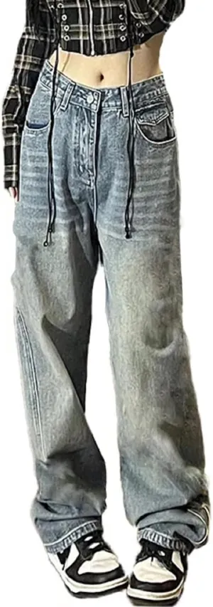 AULKEEP Womens Star Print Gradient Jeans Loose Ripped Graphic Pants Punk High Waist Bottom Jeans with Pocket