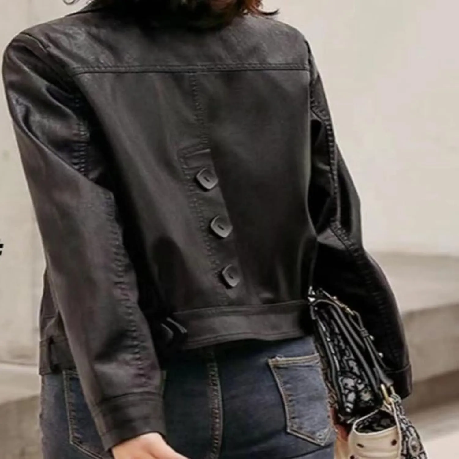 AYGJKIE Women's Faux Leather Long Sleeve PU Button Cropped Biker Jacket (Color : Black, Size : 3X-Large)