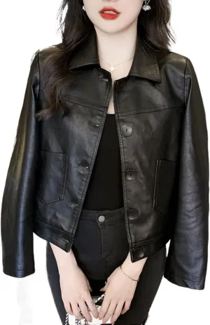 AYGJKIE Women's Faux Leather Long Sleeve PU Button Cropped Biker Jacket (Color : Black, Size : 3X-Large)