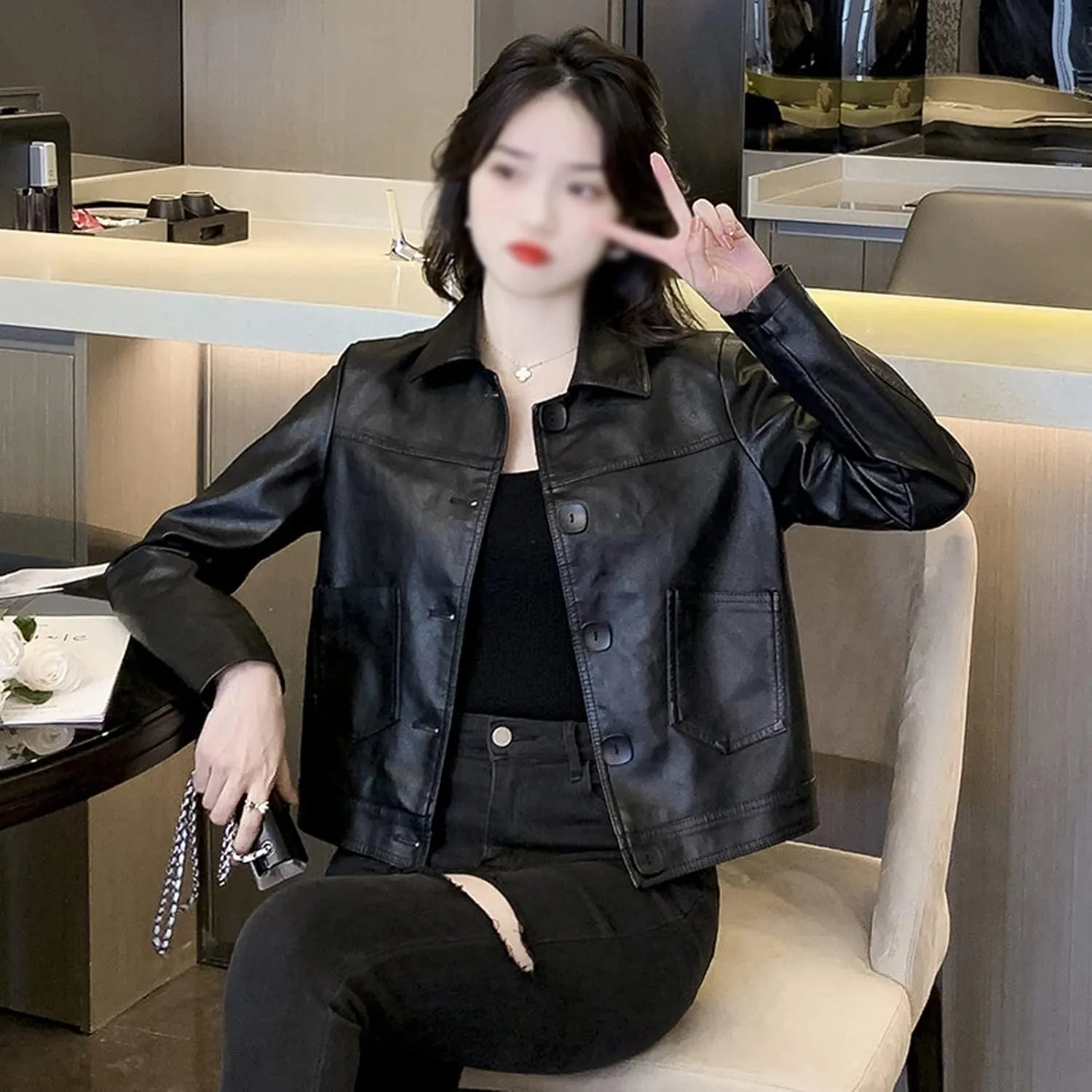 AYGJKIE Women's Faux Leather Long Sleeve PU Button Cropped Biker Jacket (Color : Black, Size : 3X-Large)