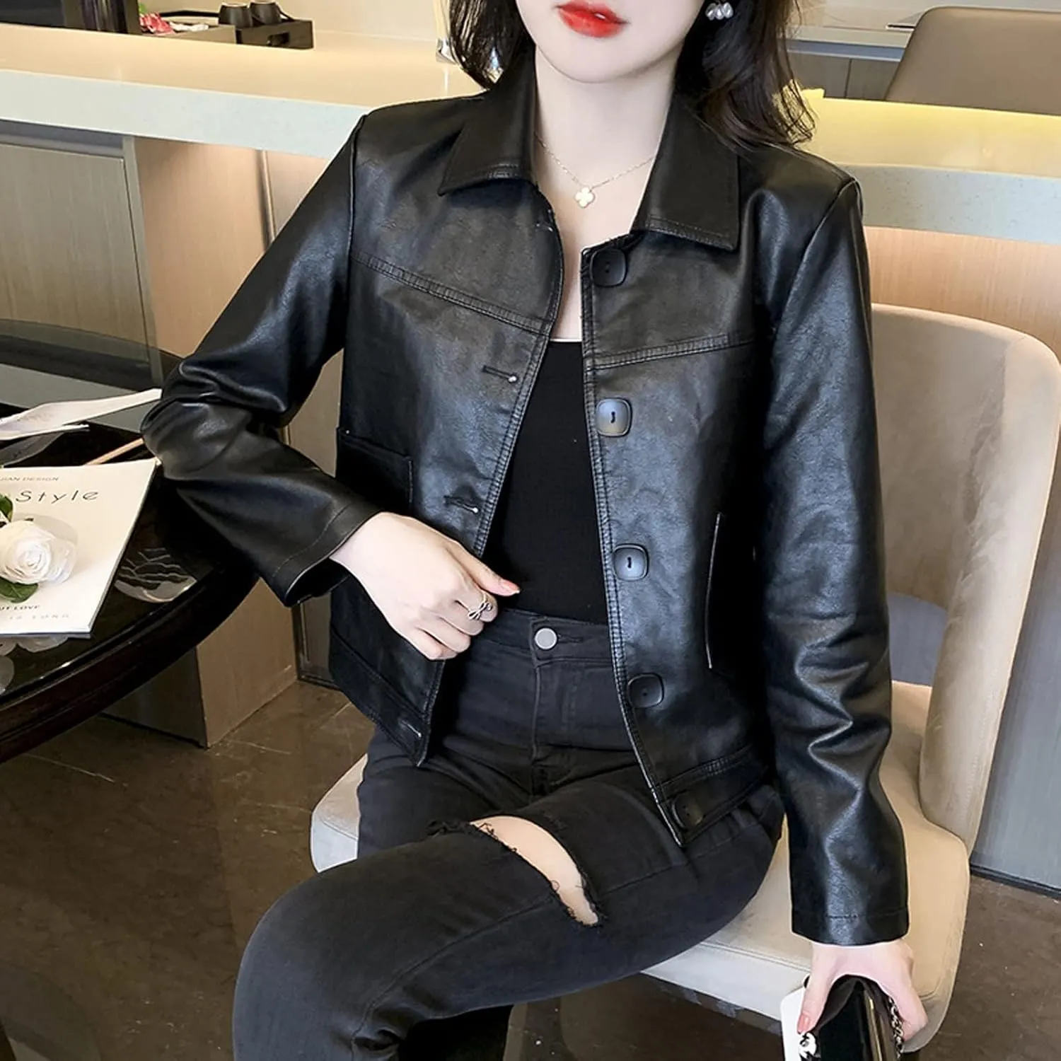 AYGJKIE Women's Faux Leather Long Sleeve PU Button Cropped Biker Jacket (Color : Black, Size : 3X-Large)