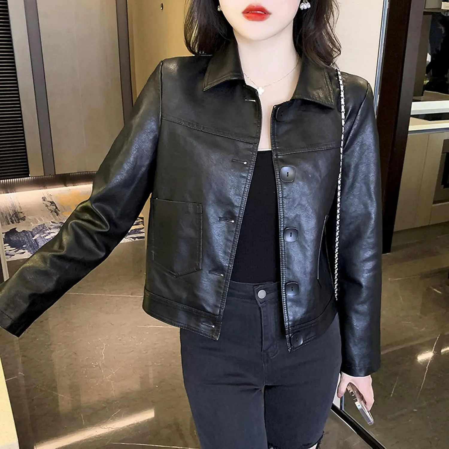 AYGJKIE Women's Faux Leather Long Sleeve PU Button Cropped Biker Jacket (Color : Black, Size : 3X-Large)