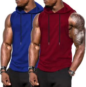 Babioboa Men's Workout Hooded Tank Top 2 Pack Sports Training Sleeveless Gym Hoodie Bodybuilding Cut Off Muscle Shirts