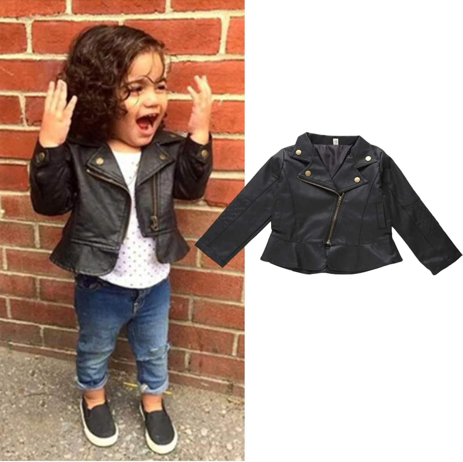 Baby Girls Boys Faux Leather Jackets Motorcycle Zipper Outerwear Lapel Collar PU Leather Jacket Biker Trendy Coat