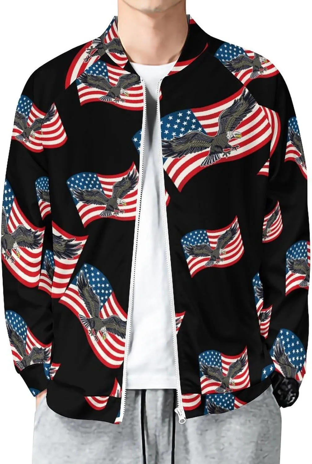 Bald American Eagle And USA Flag Bomber Jacket Men Lightweight Causal Flight Windbreaker Track Jacket Shirt