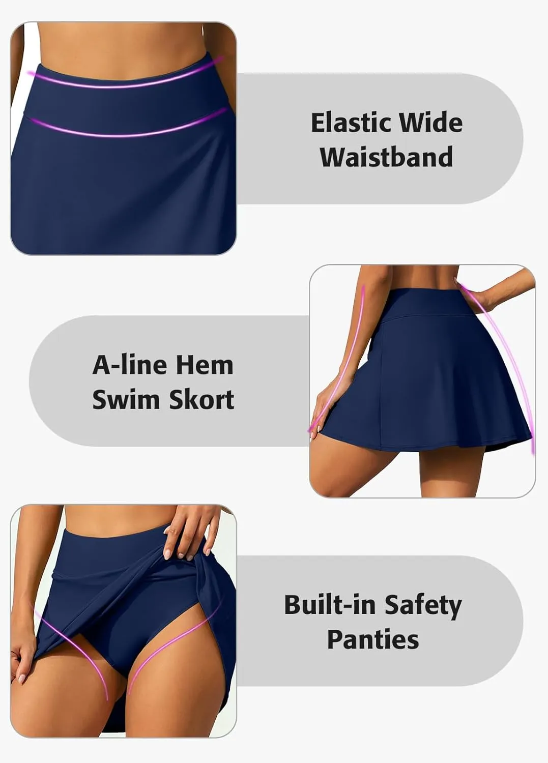beautyin Women's Solid Swim Skirt Build-in Brief Tummy Control Tankini Bottoms