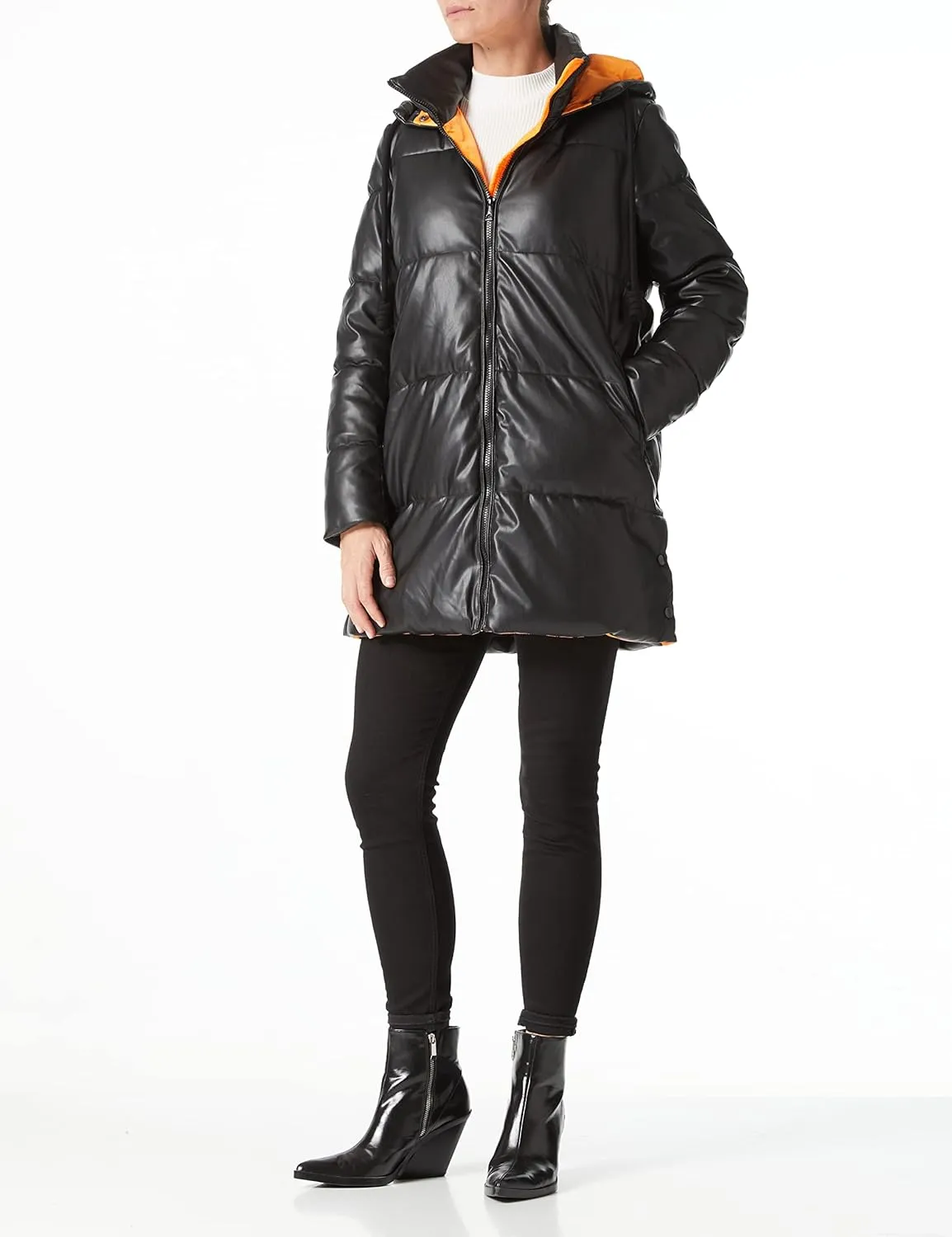Bellivera Women Faux Leather Jacket Long Quilted Hood Puffer Winter Coat
