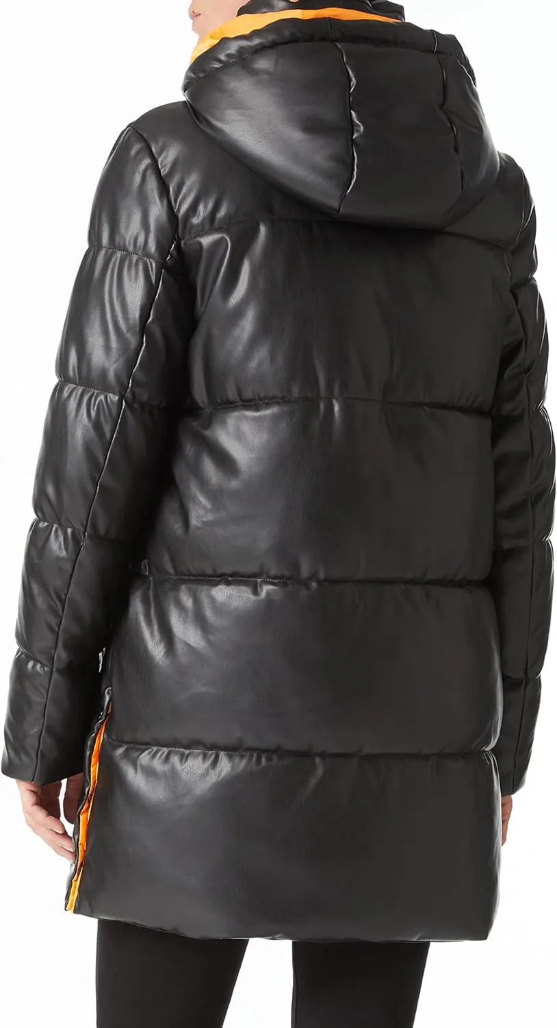 Bellivera Women Faux Leather Jacket Long Quilted Hood Puffer Winter Coat