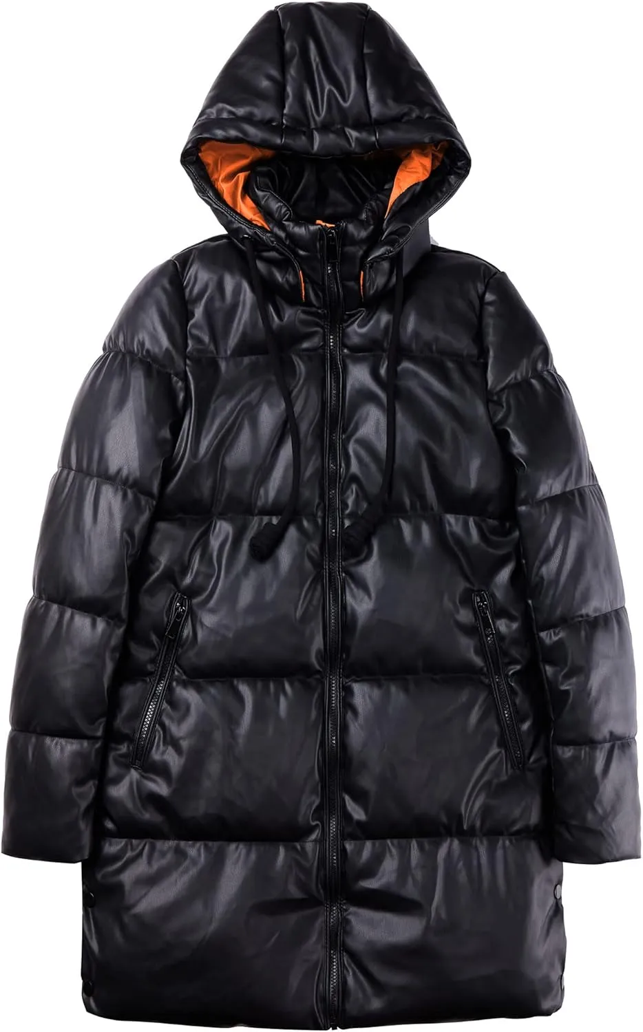 Bellivera Women Faux Leather Jacket Long Quilted Hood Puffer Winter Coat