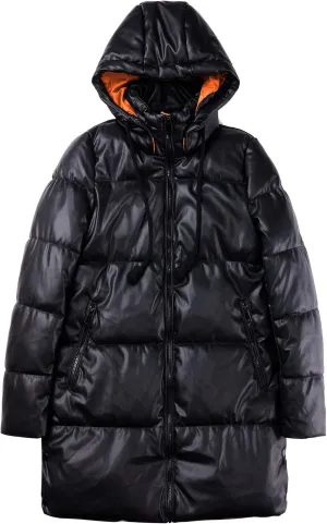Bellivera Women Faux Leather Jacket Long Quilted Hood Puffer Winter Coat