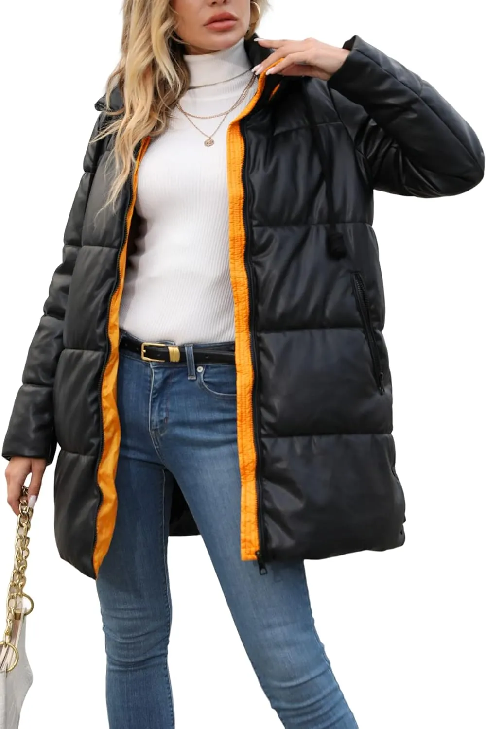 Bellivera Women Faux Leather Jacket Long Quilted Hood Puffer Winter Coat