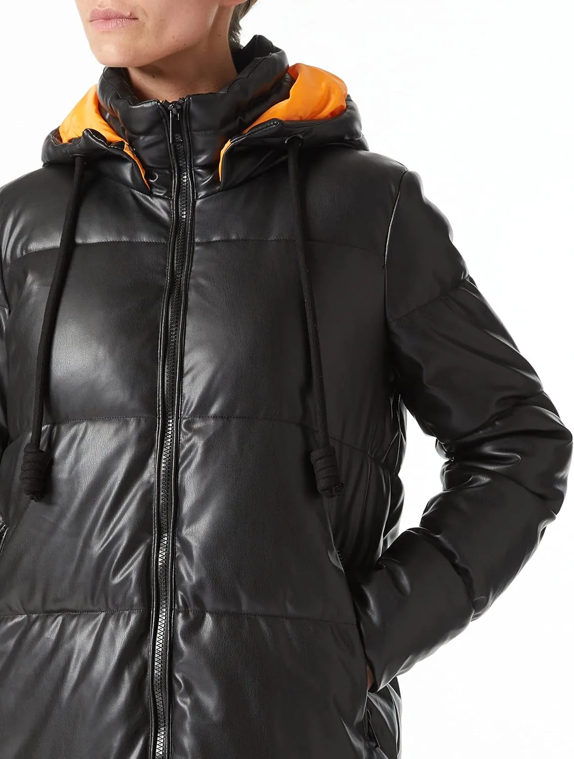Bellivera Women Faux Leather Jacket Long Quilted Hood Puffer Winter Coat