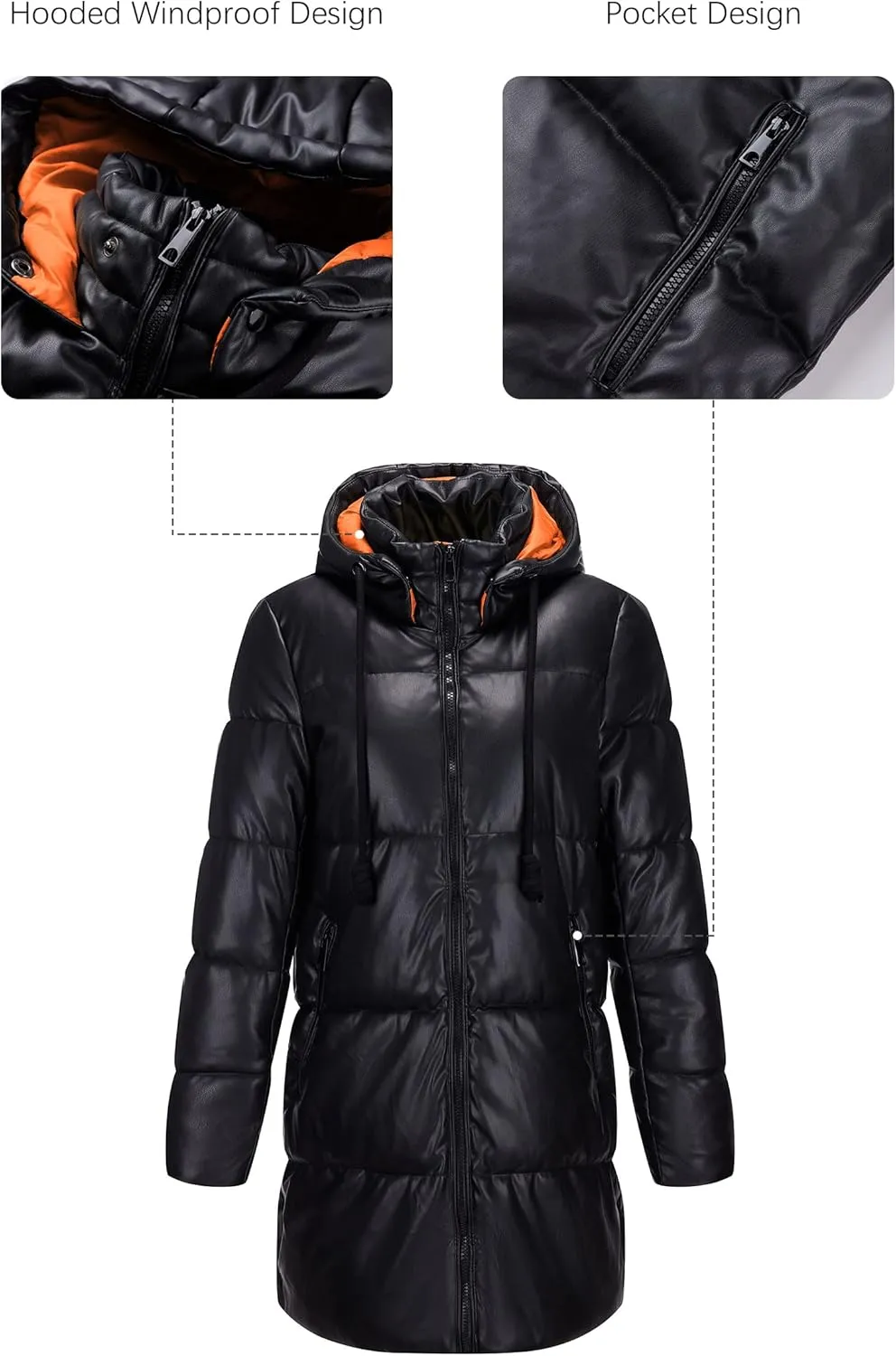 Bellivera Women Faux Leather Jacket Long Quilted Hood Puffer Winter Coat