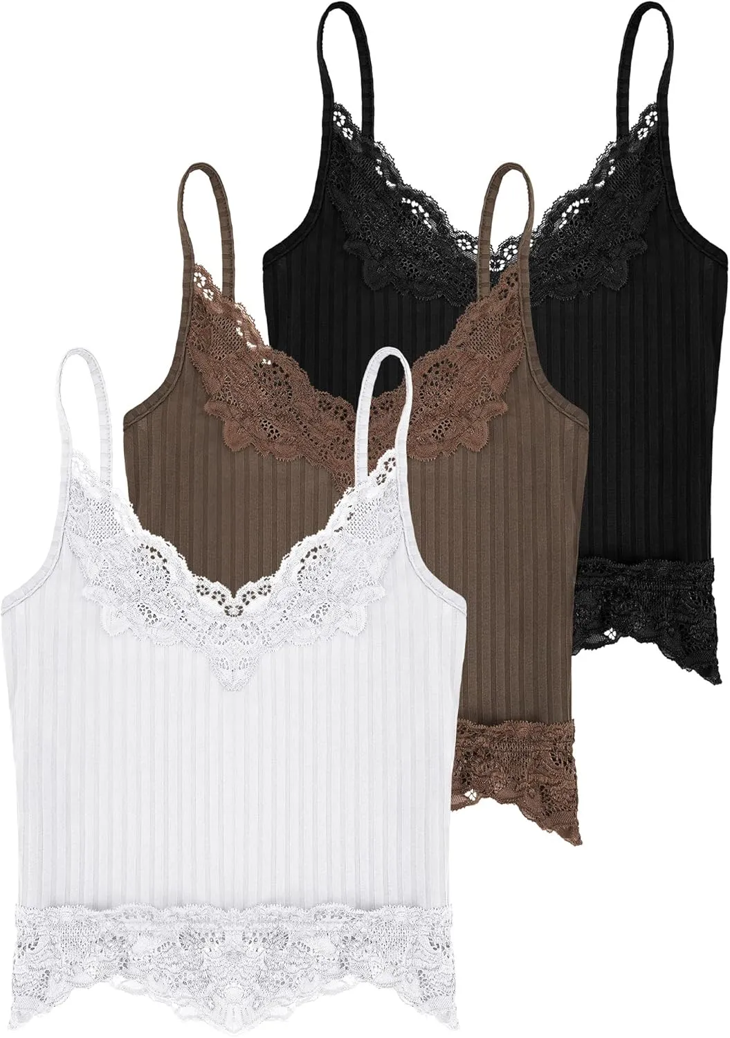 Bencailor 3 Pcs Women's Lace Tank Tops Y2k Camisole Lace Patchwork Crop Tops Grunge Style Ribbed Knitted Clothing