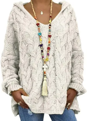 Bengbobar Chunky Cable Knit Pullover Sweater Hooded Sweaters for Women Oversized Long Sleeve V Neck Solid Color Loose Hoodies