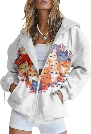 Bengbobar Plus Size Zip Up Hoodies For Women Animal Printed Long Sleeve Hooded Sweatshirts Casual Fashion Jackets Womens