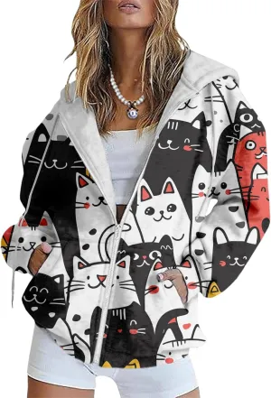 Bengbobar Plus Size Zip Up Hoodies For Women Animal Printed Long Sleeve Hooded Sweatshirts Casual Fashion Jackets Womens
