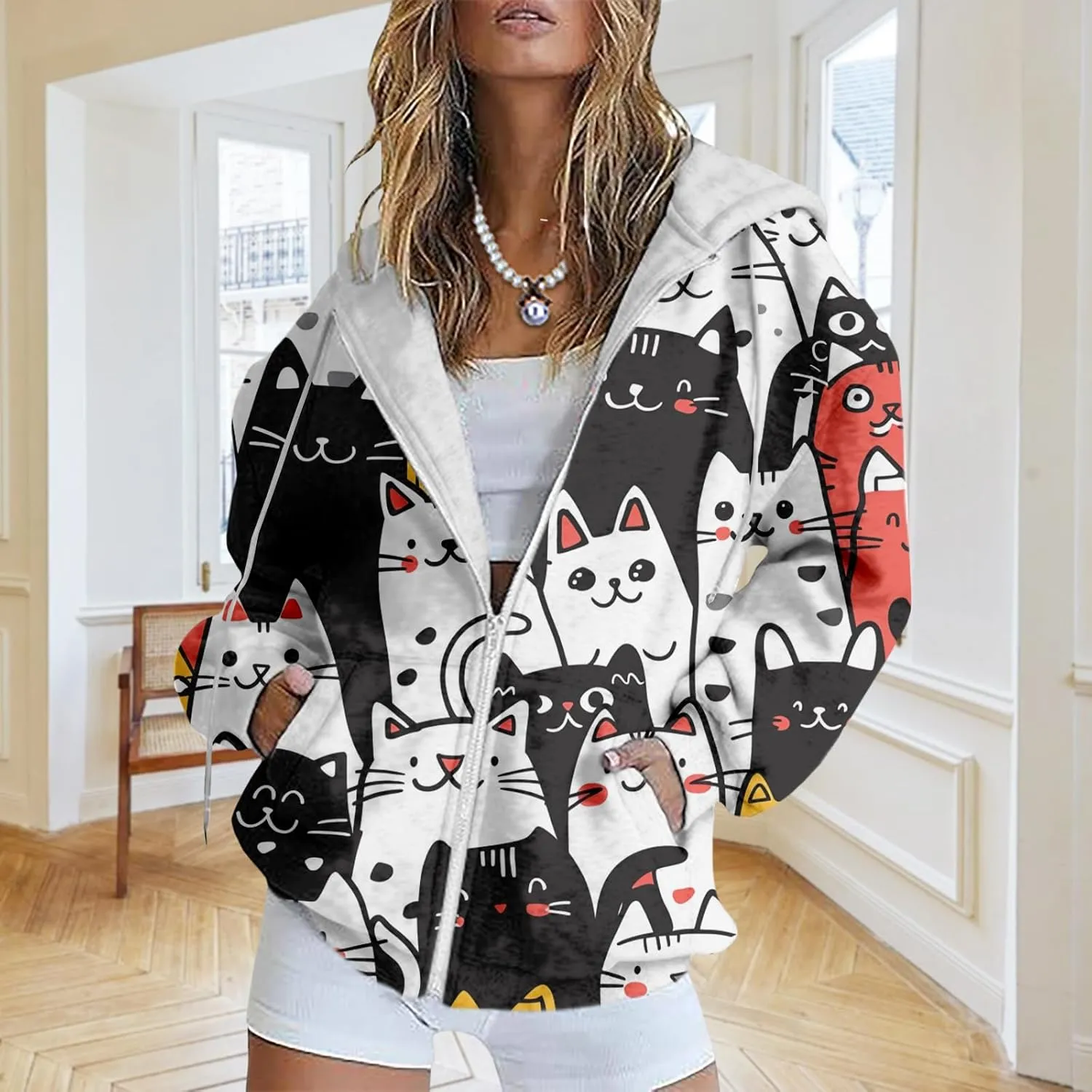 Bengbobar Plus Size Zip Up Hoodies For Women Animal Printed Long Sleeve Hooded Sweatshirts Casual Fashion Jackets Womens