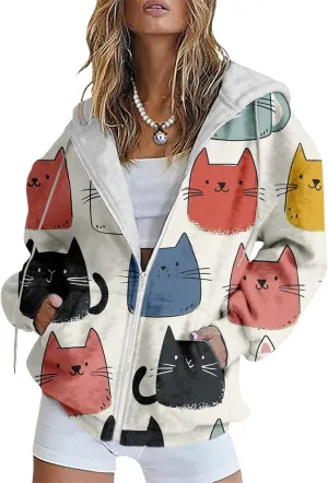 Bengbobar Plus Size Zip Up Hoodies For Women Animal Printed Long Sleeve Hooded Sweatshirts Casual Fashion Jackets Womens