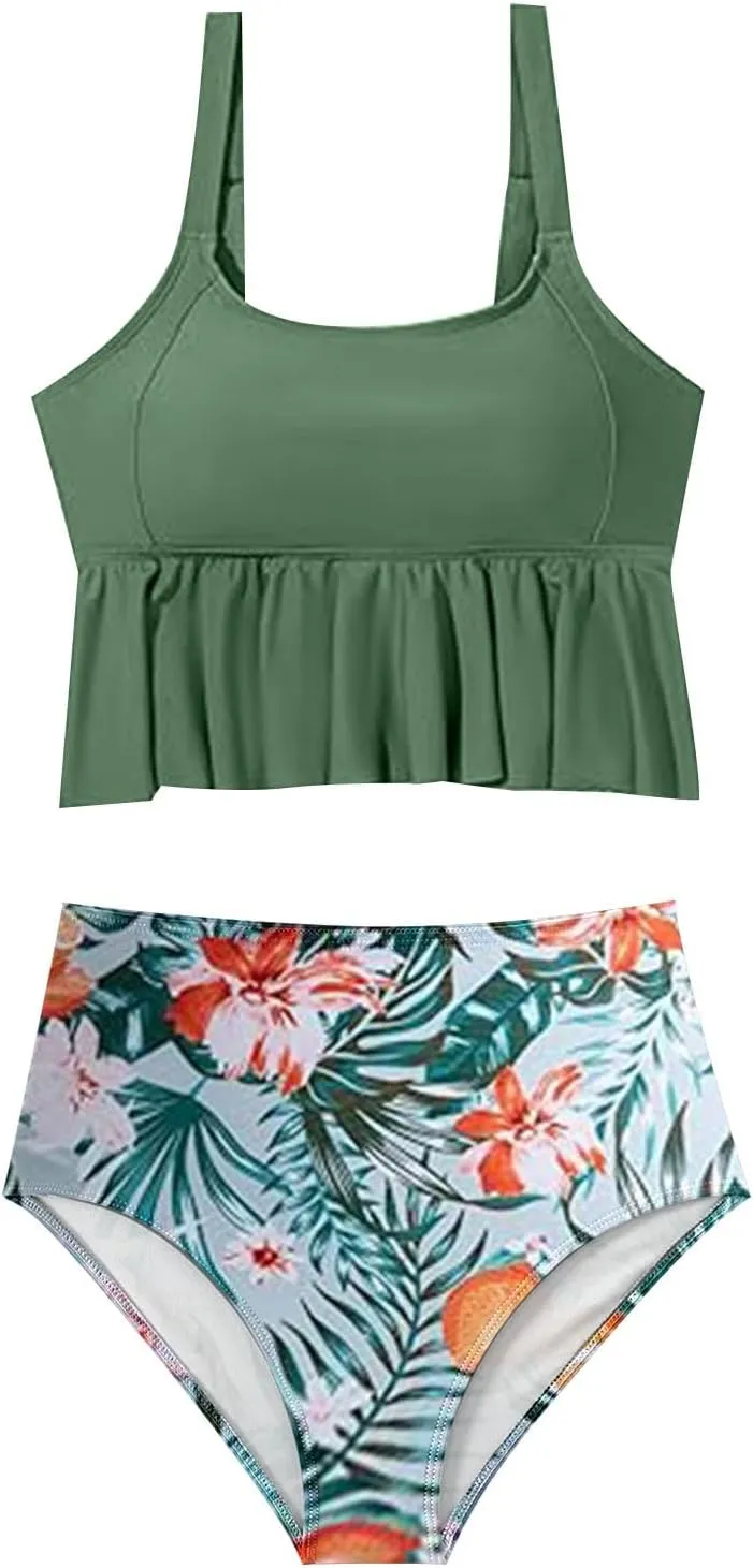 Bikini Set for Women Swimsuits 2025 Ruffle Tops and Floral Bottoms Swim Suit Bathing Suit Two Piece Tankini Swimsuits