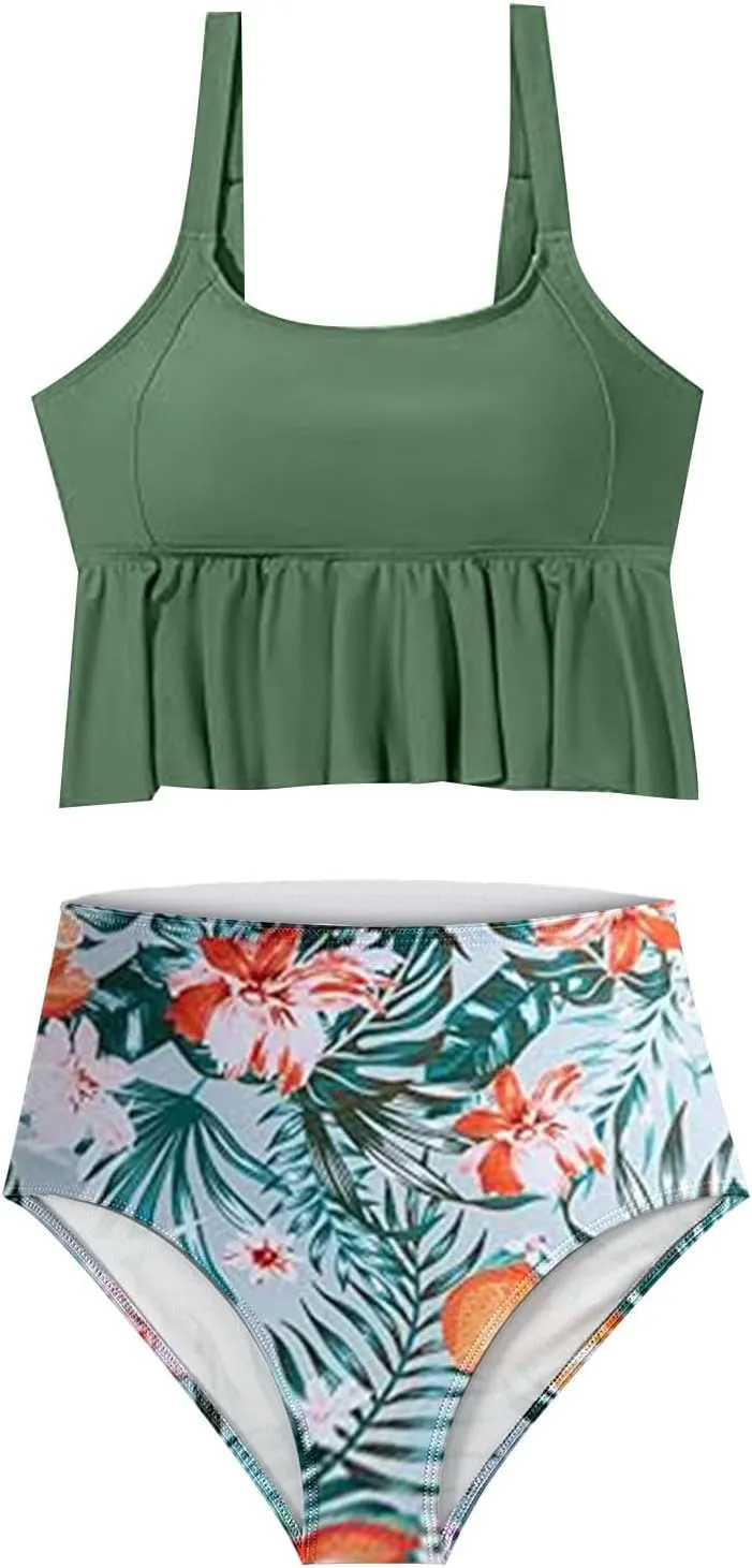Bikini Set for Women Swimsuits 2025 Ruffle Tops and Floral Bottoms Swim Suit Bathing Suit Two Piece Tankini Swimsuits