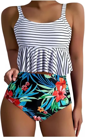Bikini Set for Women Swimsuits 2025 Ruffle Tops and Floral Bottoms Swim Suit Bathing Suit Two Piece Tankini Swimsuits