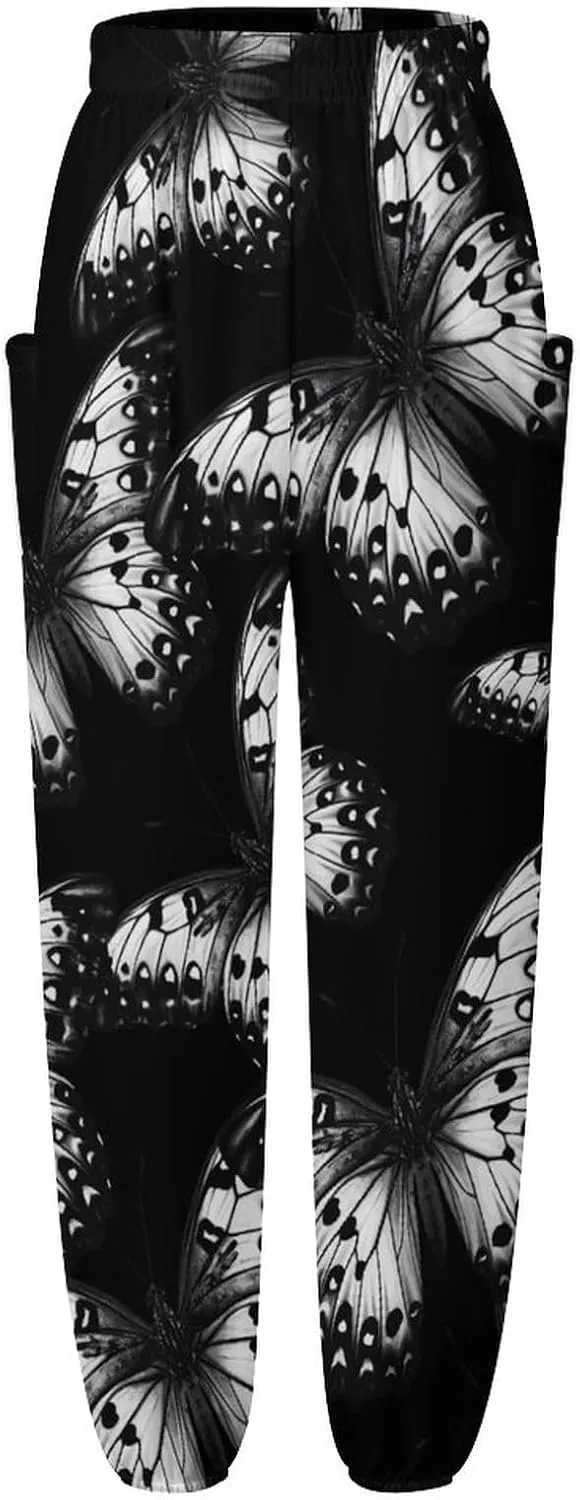 Black Butterfly Print Women's Harem Pants Lightweight Yoga Pants Beach Pants Dance Trousers with Pockets
