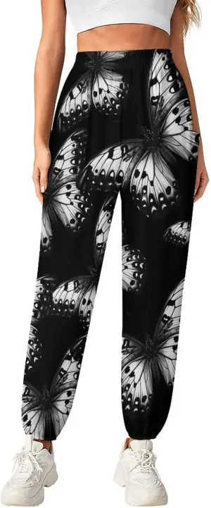 Black Butterfly Print Women's Harem Pants Lightweight Yoga Pants Beach Pants Dance Trousers with Pockets