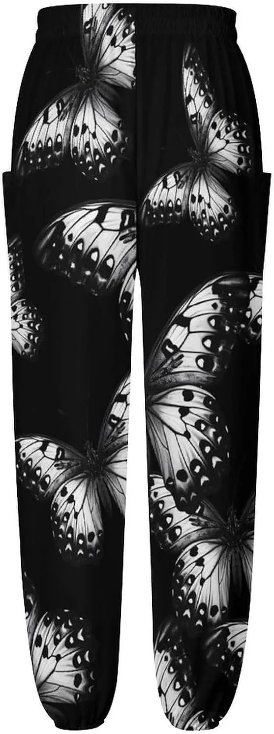 Black Butterfly Print Women's Harem Pants Lightweight Yoga Pants Beach Pants Dance Trousers with Pockets