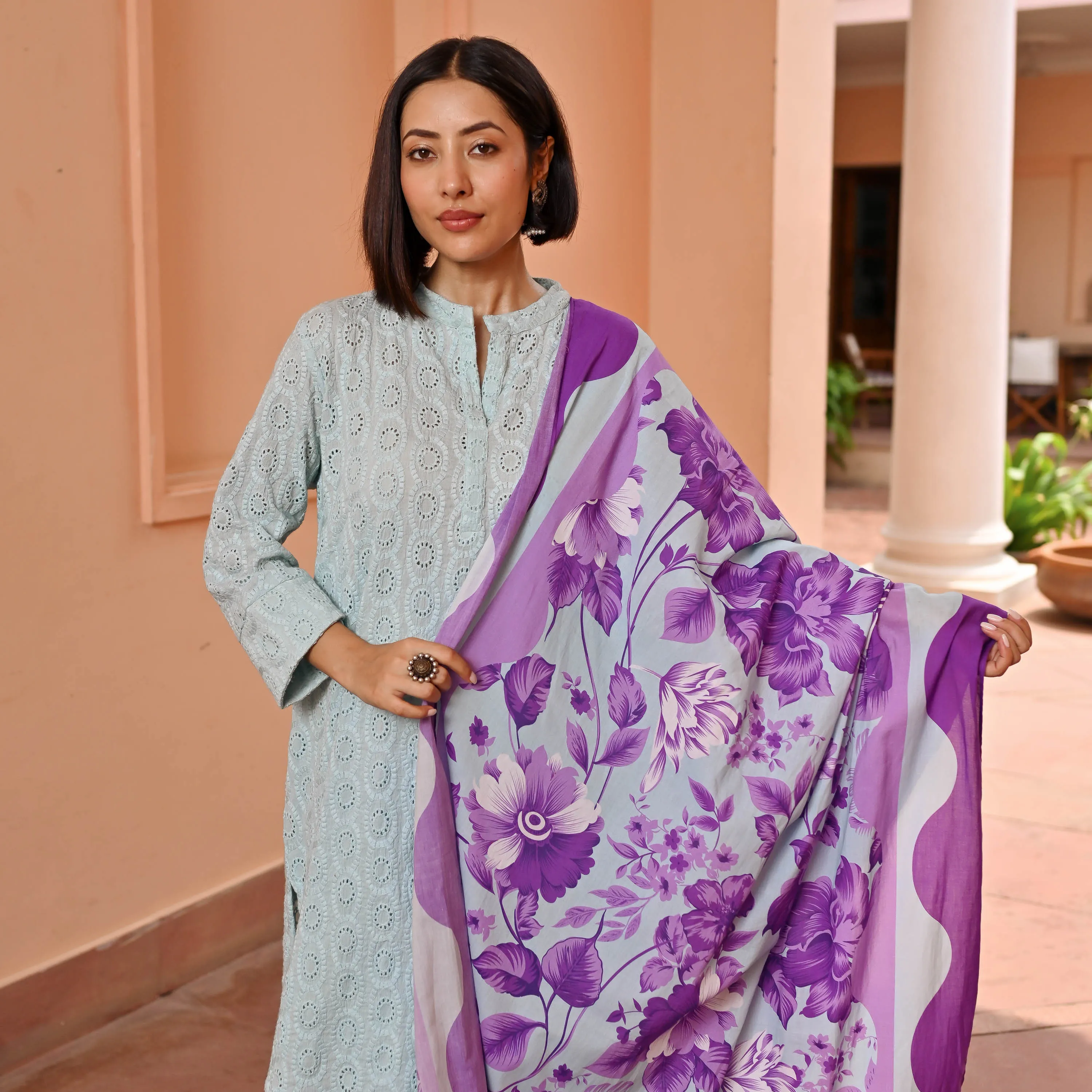 Blush Lilac Cotton Schiffli Suit Set