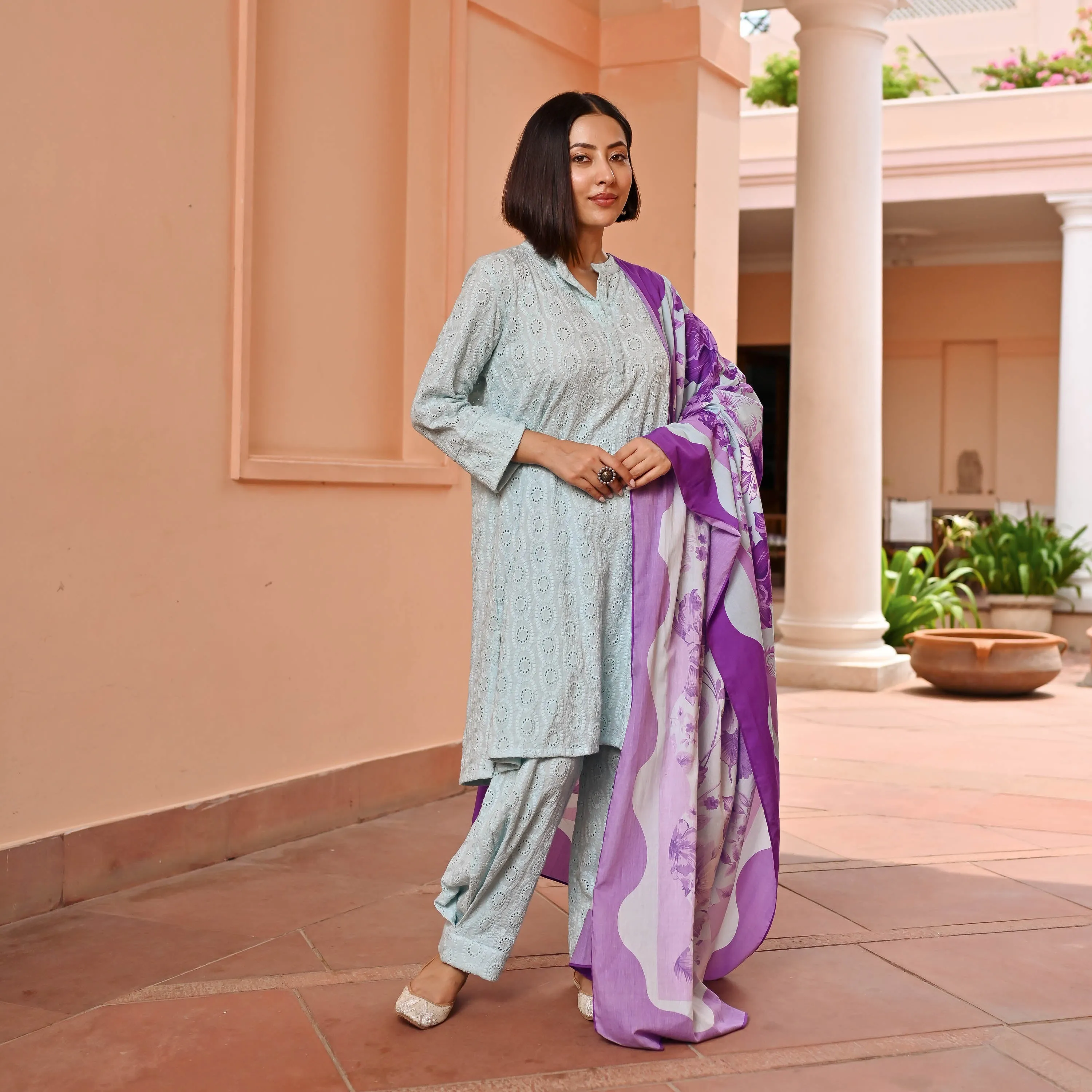 Blush Lilac Cotton Schiffli Suit Set
