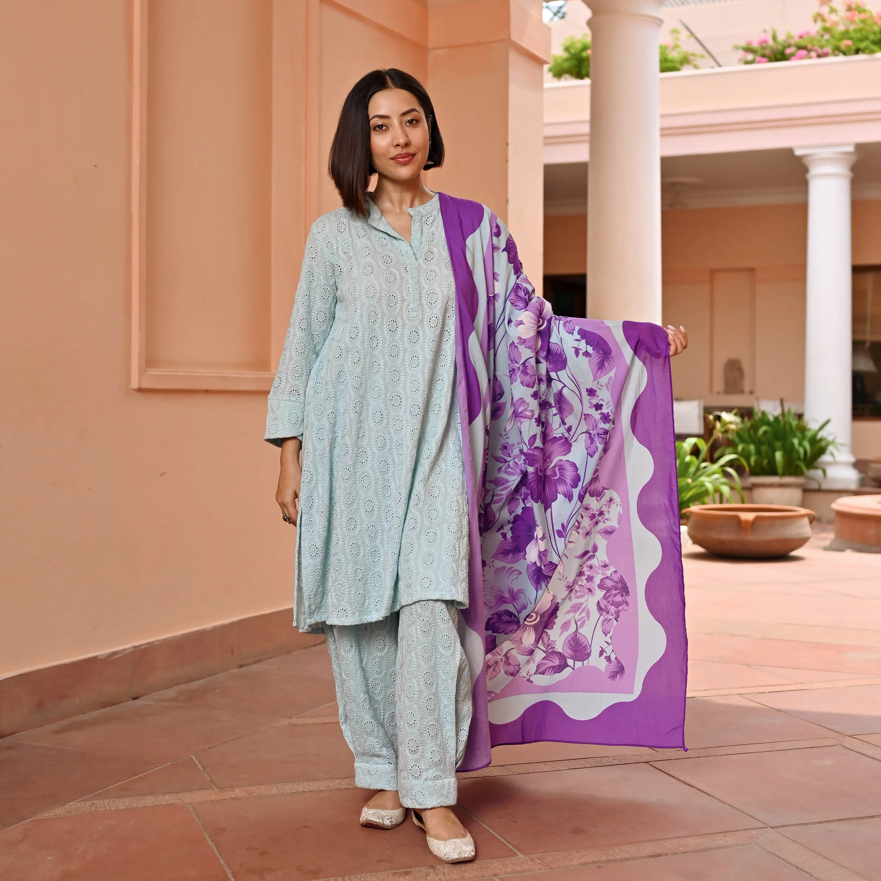 Blush Lilac Cotton Schiffli Suit Set