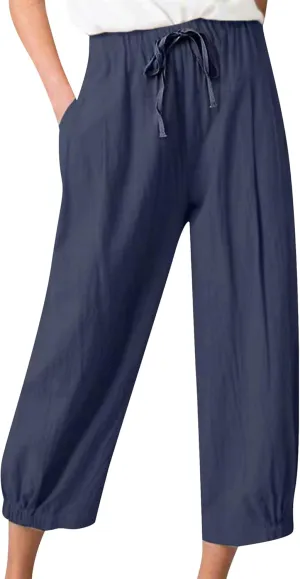 BOFETA Women Casual Cotton and Linen Pants Solid Color Cropped Trousers Elastic Waist Loose Pant