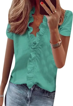 BOFETA Women's Short Sleeve V Neck Slim Blouse Holiday Tank Top Solid Color Loose Blouse
