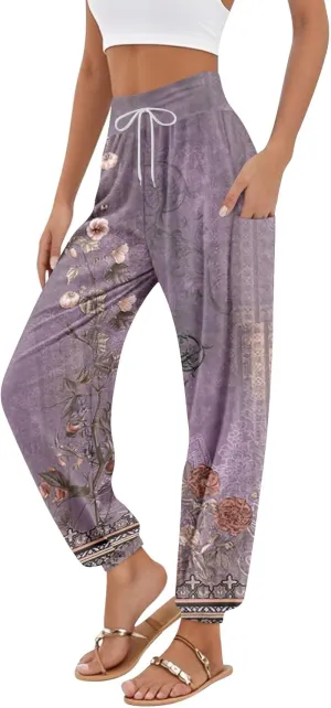 Boho Pants for Women - Hippie Harem Pants Women - Womens Flowy Pant with Pockets Comfy Bohemian Flowy Hippie Clothes F0