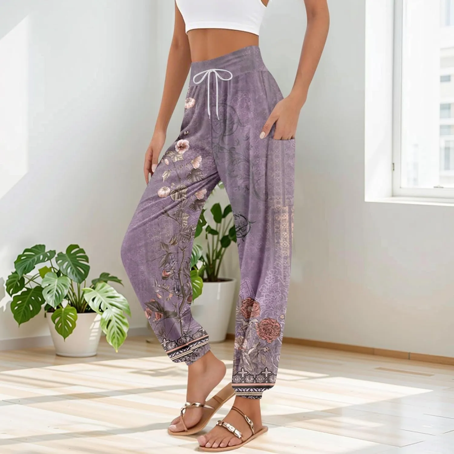 Boho Pants for Women - Hippie Harem Pants Women - Womens Flowy Pant with Pockets Comfy Bohemian Flowy Hippie Clothes F0